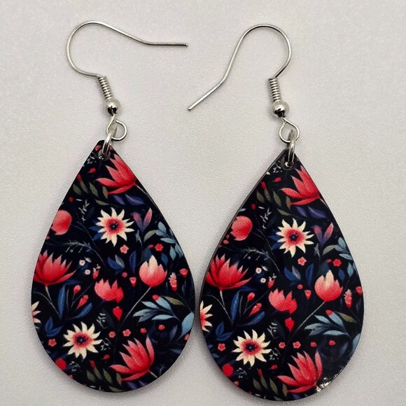 Pink and Blue Flower Drop Earrings - Picture 1 of 2